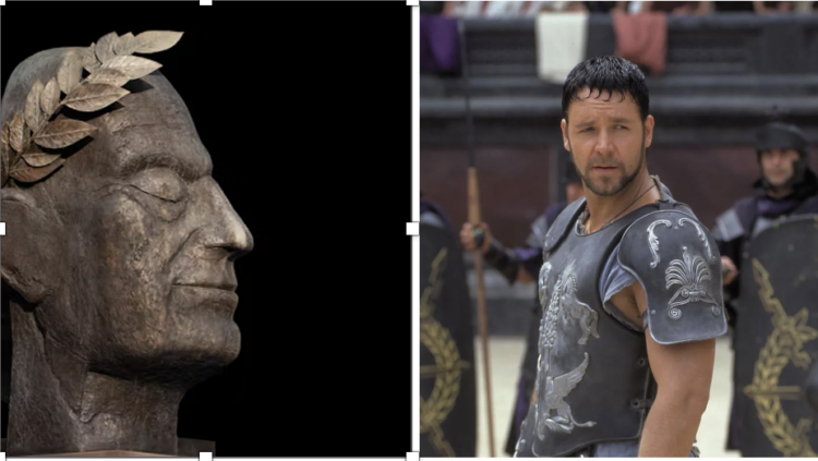 A bust of Roman dictator Julius Caesar and a picture of actor Russell Crowe from the 2000 film "Gladiator"